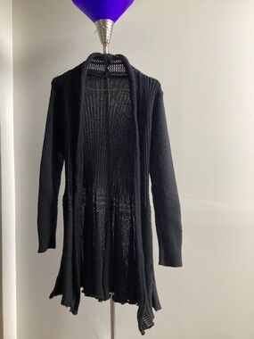 Black flared long open front cardigan